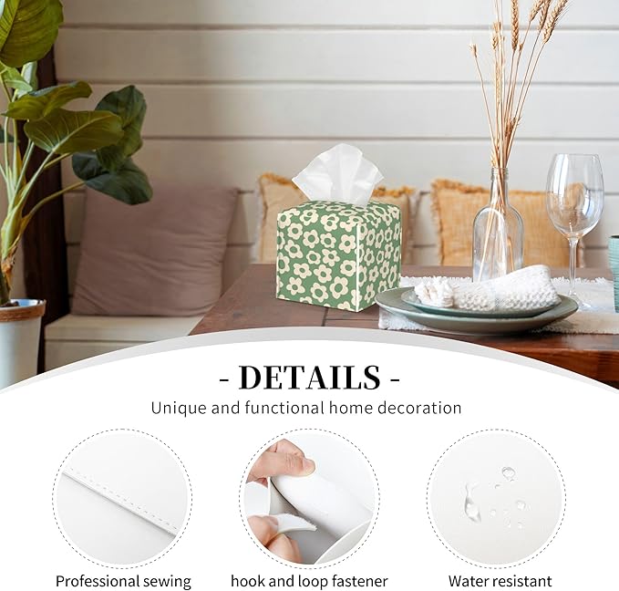 POIUBLE Tissue Box Holder Green Groovy Flower Tissue Box Cover Square Leather Tissue Holder Organizer Portable Decorative Facial Paper Case for Home Office Bathroom Vanity Countertop