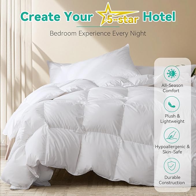 Three Geese Queen Size Goose Feather Down Fiber Comforter - Ultral Soft All-Season Down Duvet Insert Fluffy Baffle Box Design with 8 Corner Loops for Warmth and Softness.