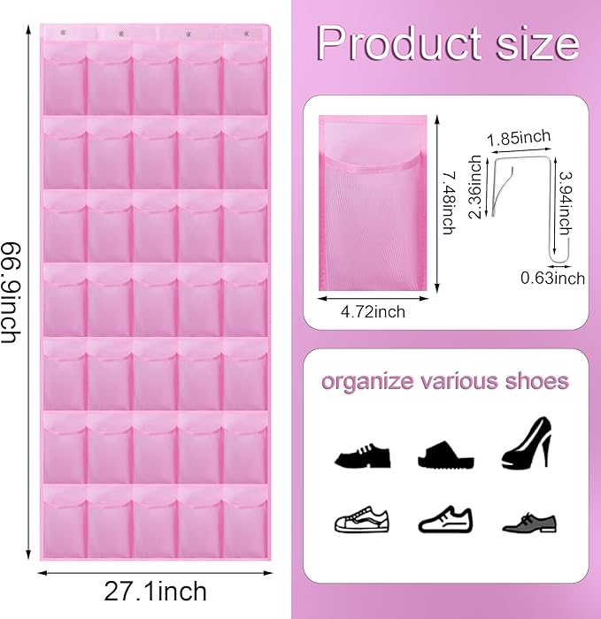 Teikou 35Large Pockets Over The Door Shoe Organizer, Mesh Pockets Shoe Holder Rack, Capacity hanging shoe organizer，door shoe rack With 4 Metal Hook.