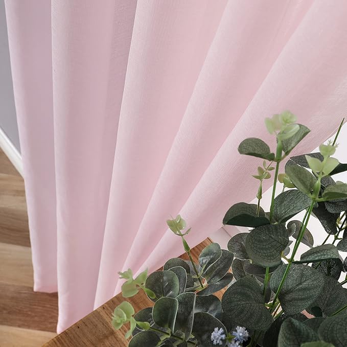 Tollpiz Sheer Curtains Linen Textured Living Room Curtain Sheers Light Filtering Rod Pocket Voile Curtains for Bedroom, 42 x 63 inches Long, Pink, Set of 2 Panels