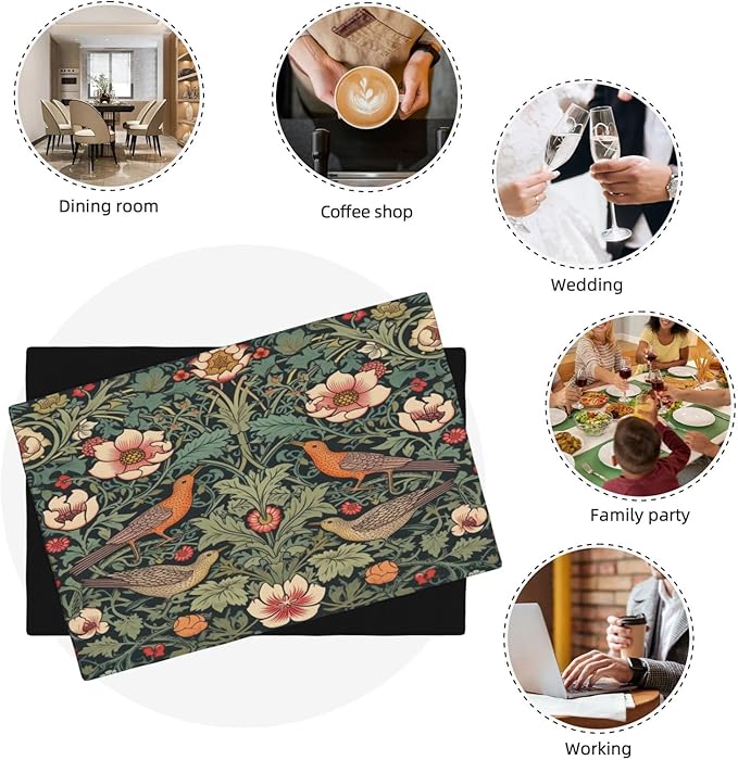 William Morris Placemats, Vintage Rustic Natural Green Plant Flower Strawberry Birdie Print Washable Fabric Placemats Table Kitchen Dining Party 12x18 Inch Set of 6