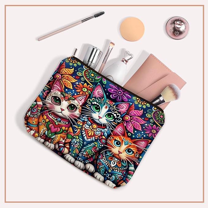 Girlly Bohemian Cat Mom Makeup Bag Valentines Day Gift: Cute Boho Cats Themed Cosmetic & Toiletry Organizer Pouch For Daughters, Sisters, Friends,Teen Girls & Women.Ideal Gift For Travel, Birthdays.