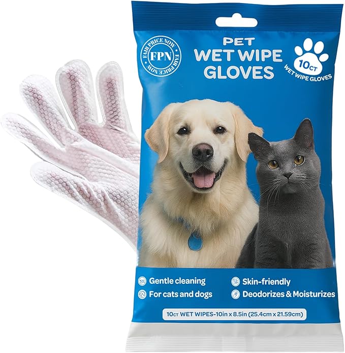 FPN Pet Cleaning Gloves for Dogs & Cats – 10 Count, Unscented No-Rinse Grooming Wipes in Extra-Thick Double-Sided Cleaning Mitts with Coconut Oil, Witch Hazel & Grapefruit – Paw, Fur & Face Cleaning