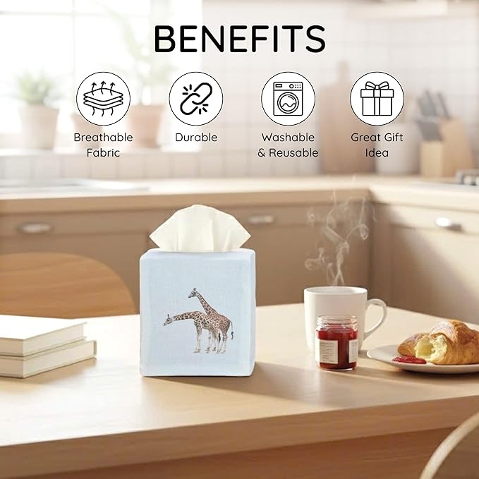 EmbroideryLinen.VN Tissue Box Cover Set of 2, Square Linen Tissue Holder, Printed Animal Pattern, 4.5x4.5x5.5 Inches, Decorative Holder for Bathroom, Living Room, Office (Giraffe)