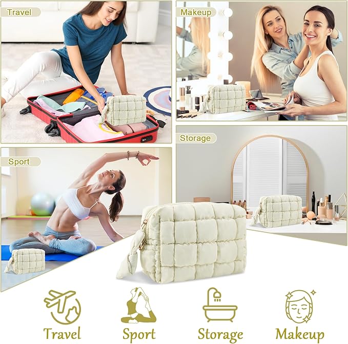 Puffer Quilted Makeup Bag Cosmetic Bags,Puffy Travel Toiletry Pouch for Women,Cute Checkered Zipper Bag Travel Essential,Portable Aesthetic Make up Organizer Bag for Gifts Work Daily(Beige,S)