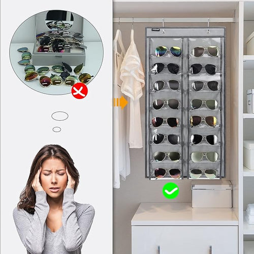 ANZORG Over the Door Hanging Sunglasses Organizer Storage Sunglass Rack Holder Eyewear Display Case with 16 Clear Dust Proof Pockets (16 Pockets-Grey)