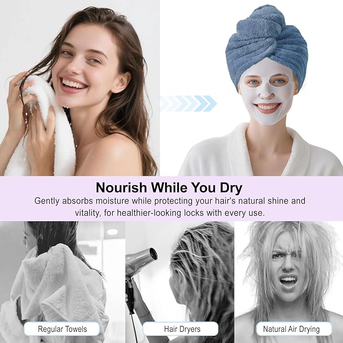 AGKXHDEC 1 Pack Double Layer Microfiber Towel, Hair Turbans for Wet Hair, Drying Hair Wrap for Women(Dark Blue)