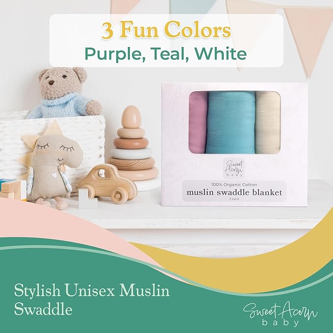 Sweet Acorn Muslin Swaddle Blanket – Soft Cotton Muslin Baby Blanket for Newborns, Infants, and Toddlers, All-Season Comfort Baby Essential - Purple, Teal, White