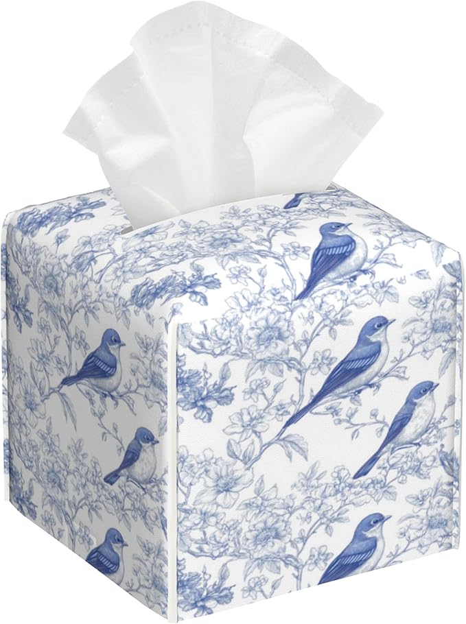 Blue Floral and Bird Tissue Box Cover Square Leather Tissue Holder Waterproof Facial Paper Organizer Dispenser Cube Paper Cover Case for Home Office Bathroom Vanity Countertop