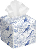 Blue Floral and Bird Tissue Box Cover Square Leather Tissue Holder Waterproof Facial Paper Organizer Dispenser Cube Paper Cover Case for Home Office Bathroom Vanity Countertop