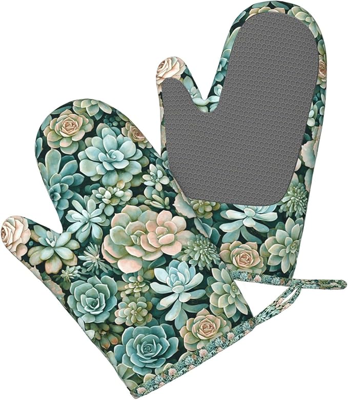 Heat Resistant Oven Mitts 2 Pack, 500°F Silicone Oven Gloves with Non-Slip Grip, Soft Quilted Cotton Lining for Baking, Grilling, BBQ, Cooking (Succulents)