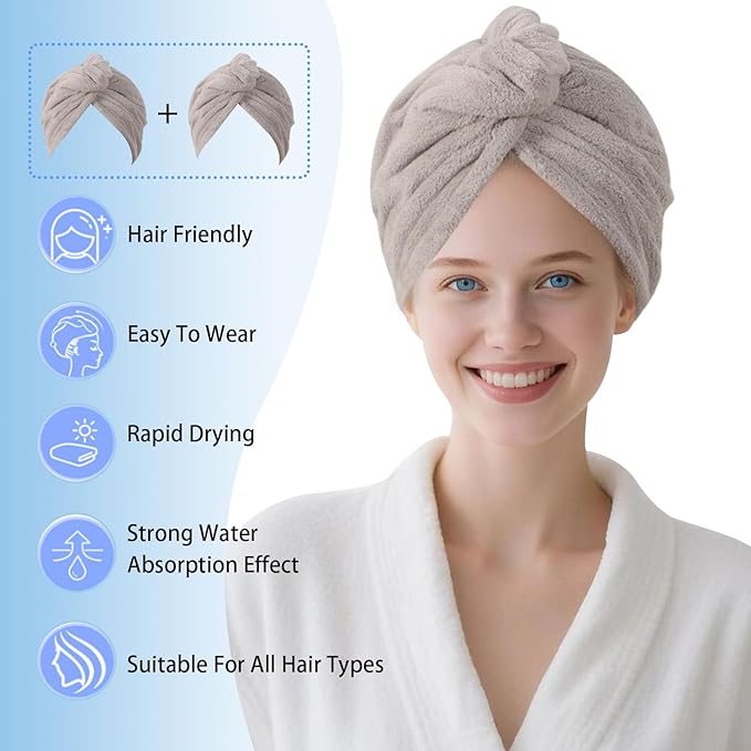 AGKXHDEC 2 Packs Single Layer Microfiber Hair Turbans - Drying Wrap for Women (Gray-2pcs)