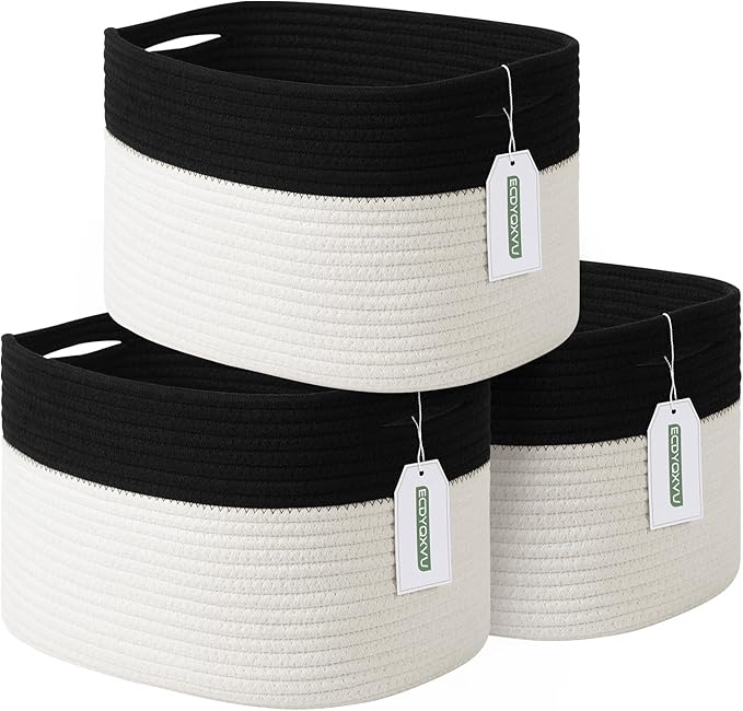 ECDYQXVU Cotton Rope Storage Basket, 15x10x9 Inches, Woven Basket for Shelves, Clothes, Towels, Books, and Laundry, Black/White (3 Pack)