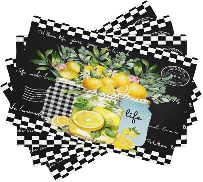Lemon Fruit Placemats, Watercolour Lattice Black Minimalist Fruit Lemon Flower Plant Print Washable Fabric Placemats Table Kitchen Dining Party 12x18 Inch Set of 4