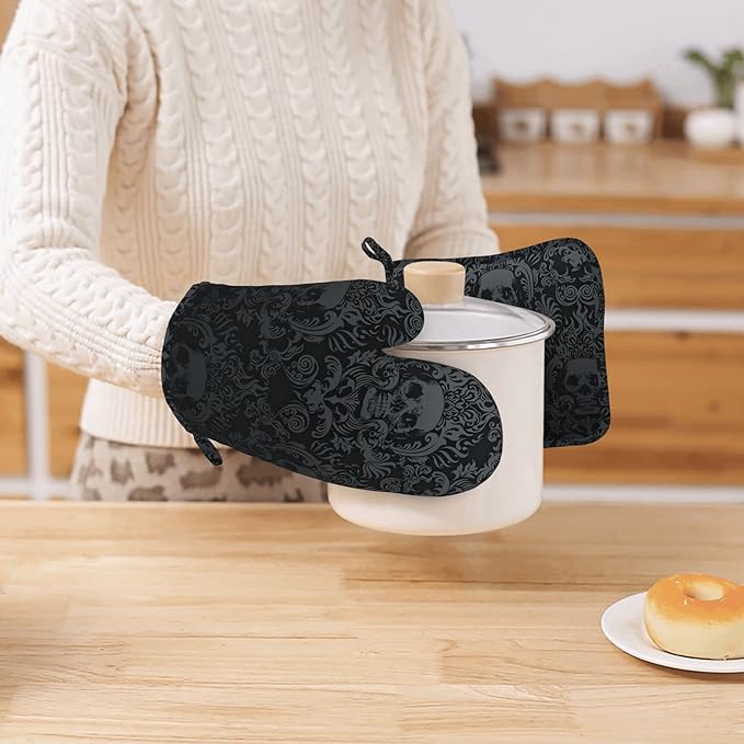Gothic Skull Oven Mitts and Pot Holders Sets of 4,Resistant Hot Pads with Silicone Non-Slip BBQ Gloves for Kitchen,Cooking,Baking,Grilling