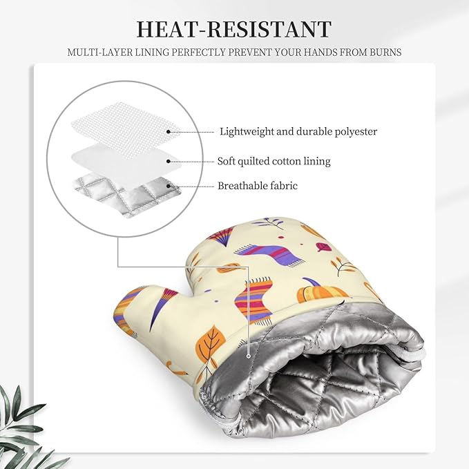 Silicone Oven Mitts and Pot Holders Sets, Home Autumn Pumpkin Heat Resistant BBQ Gloves for Kitchen Baking Cooking Grilling Microwave