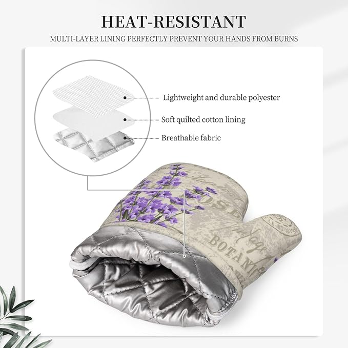 Lavender Flowers Elegant Postcard Vintage Oven Mitts and Pot Holders with Apron Set of 5 Silicone Kitchen Mitten and Non-Slip Potholders Apron Set Heat Resistant Oven Gloves Hot Pads Set