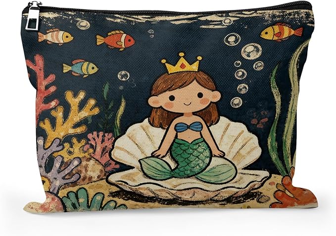 Cafl Little Mermaid Seashell Makeup Bag Travel Large Cosmetic Bag Organizer toiletry Essentials Jewelry Zipper Bag Gift For Women -10×8 inch