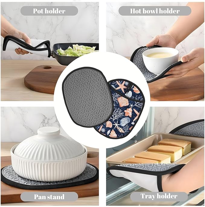 Pot Holders 2 Pack Silicone, Cotton Lining, Heat Resistant to 500°F (260°C), Non-Slip Grip, 7.5"x9.4" Oval Kitchen Hot Pads for Oven, Cooking (Seashells, Potholders)