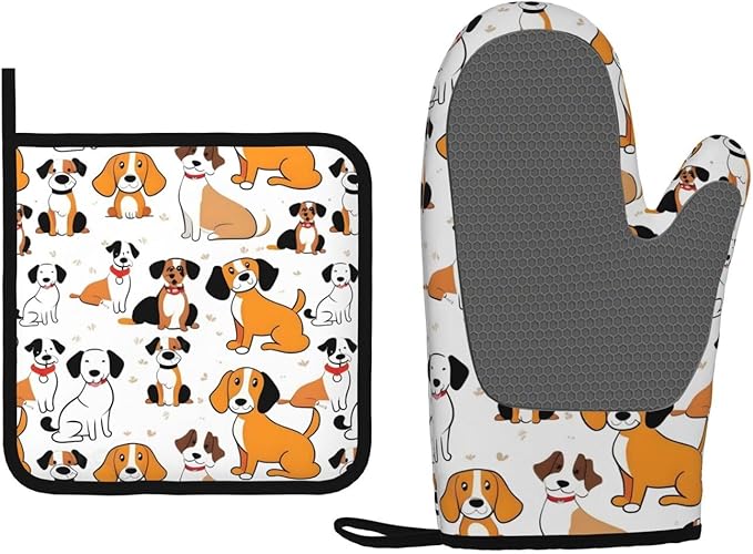 Oven Mitts and Potholders Yellow Cartoon Dog Silicone Glove Heat Resistant, Kitchen Gloves for Cooking, 2-Piece Set