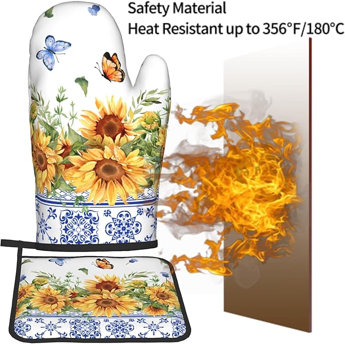 Sunflower Oven Mitts and Pot Holders Sets Yellow Floral Butterfly Oven Mitts Heat Resistant Blue Boho Farmhouse Spring Summer Decorative Oven Gloves Hot Pad for Kitchen Cooking Baking Grilling Dining