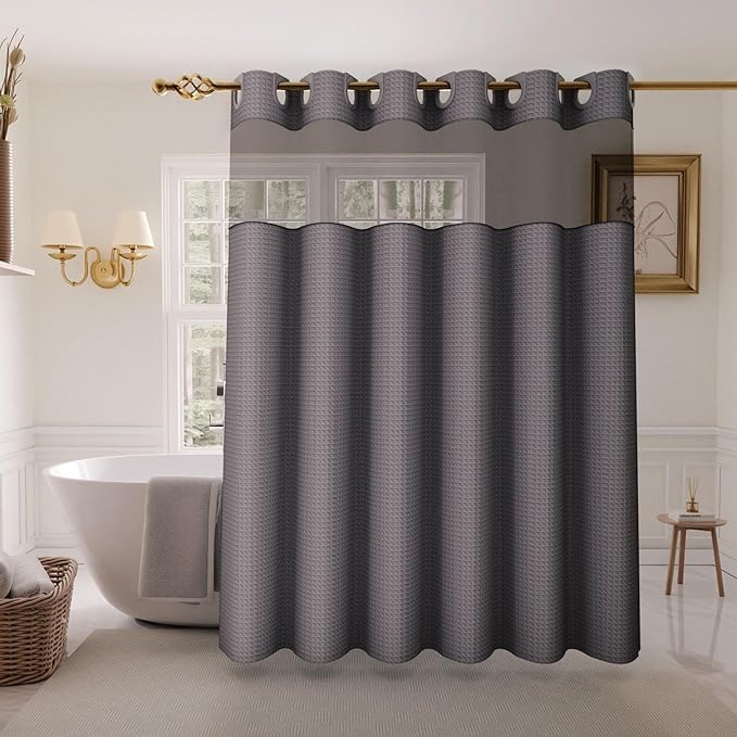 Inhousolu Extra Long No Hook Shower Curtain with Snap in Fabric Liner Set Waffle Weave 230GSM Weighted Hem, Waterproof & Washable Bathroom Curtain Spa with Mesh Top Window 72" W x 84" L Graphite Grey