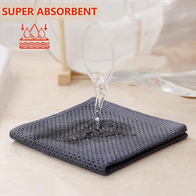 Kitinjoy 100% Cotton Kitchen Dish Cloths, 8 Pack Waffle Weave Ultra Soft Absorbent Dish Towels for Drying Dishes Quick Drying Kitchen Towels Dish Rags, 12 X 12Inch, Dark Grey