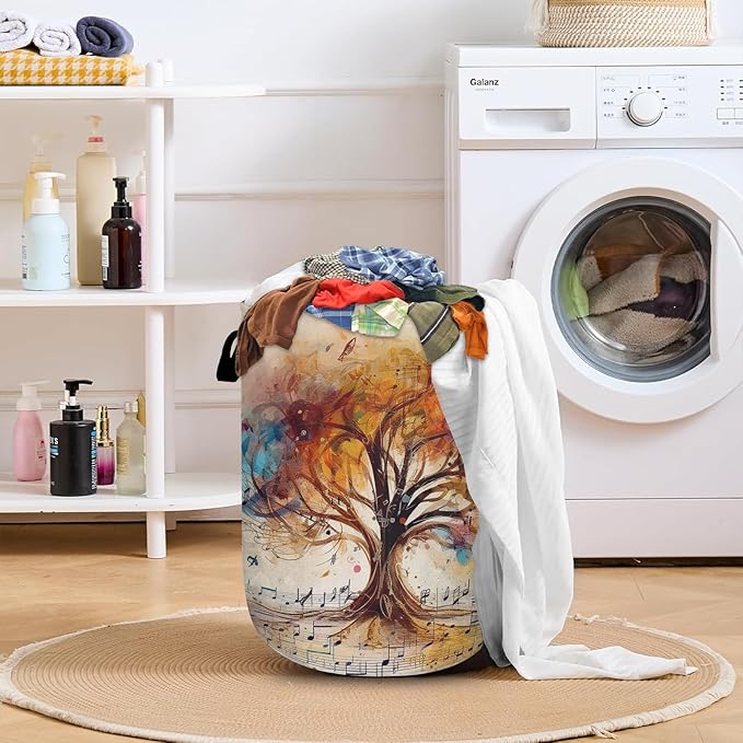Colorful Tree Laundry Basket with Sturdy Handles, Music Notes Collapsible Oxford Cloth Laundry Hamper Organizer Basket for Bathroom Bedroom 15.7x20 Inch