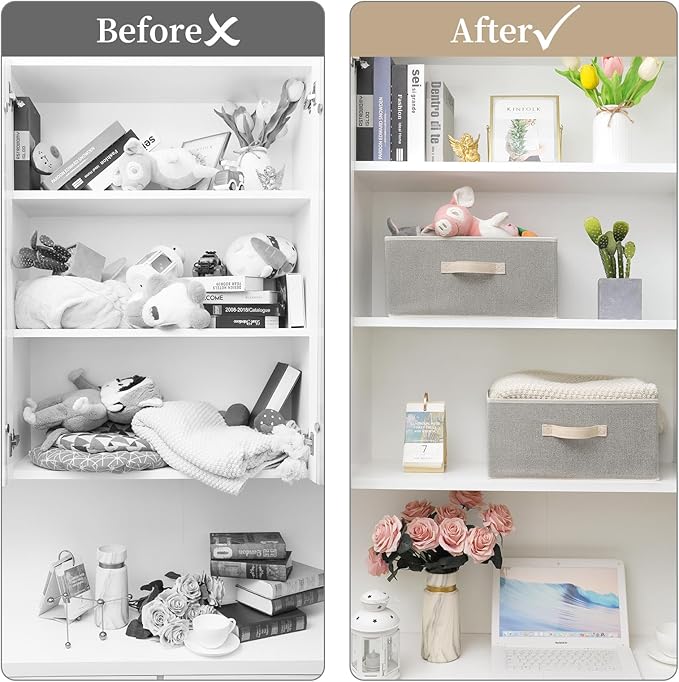 EITMOW Storage Baskets, 15.7 Inch Woven Fabric Bins, Storage Cubes with Reinforced Handles, Organizer Bins for Closet Shelves, Foldable, Clothes. (2PCS/Beige-15.7*11*7.8inch)