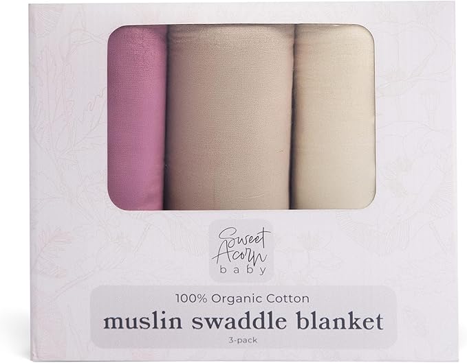 Sweet Acorn Muslin Swaddle Blanket – Soft Cotton Muslin Baby Blanket for Newborns, Infants, and Toddlers, All-Season Comfort Baby Essential - Purple, Grey, White