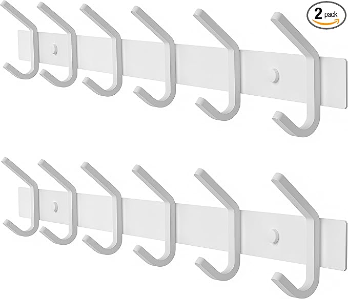 SAYONEYES White Coat Rack Wall Mount – 17 Inch Stainless Steel Hook Rail with 6 Heavy Duty Double Coat Hooks – Wall Mounted Coat Hanger for Entryway, Bathroom, Bedroom, Towel, Hat Organizer - 2 Pack