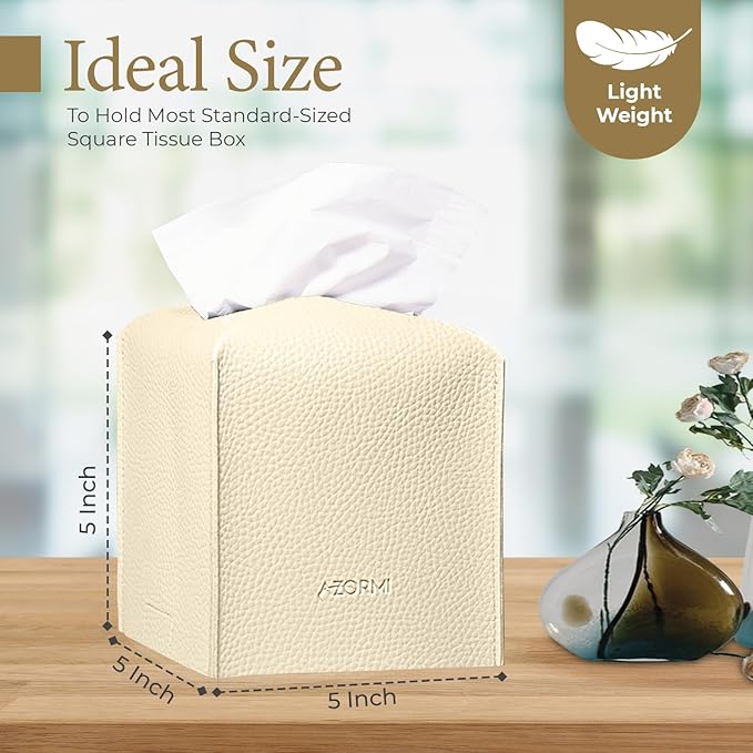 Tissue Box Cover Holder, PU Leather Tissue Box Cover Square with Bottom Belt, Cube Tissue Holder for Bathroom, Modern Organizer for Car, Office, Tabletop (Beige, 14 Leather Patterns)