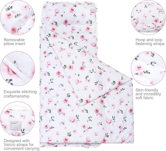 david's kids Toddler Nap Mat Set with Removable Pillow, Ultra Soft Slumber Bags for Girls，Perfect for Preschool, Daycare, Kids Sleeping Bags with Rollup Design, 50"x20", Floral