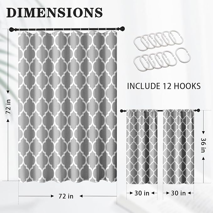 Culudea Gray Plaid Quatrefoil Moroccan Waffle Textured Cloth Shower Curtain Set, Grey Checkered Four Leaf Clover Grid Bathroom Window Waterproof Shower Curtains for Bathroom Decor