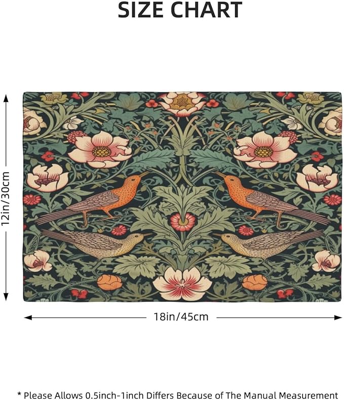William Morris Placemats, Vintage Rustic Natural Green Plant Flower Strawberry Birdie Print Washable Fabric Placemats Table Kitchen Dining Party 12x18 Inch Set of 6