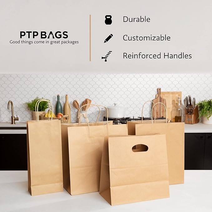 PTP BAGS White 11" x 6" x 11" Die Cut Tote Bags [Pack of 500] Kraft Paper Gift, Food Service Bags