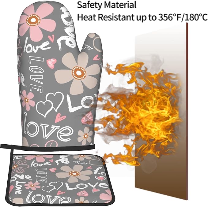 Pink Floral Blooming Oven Mitts and Pot Holders Set of 2, Heat Resistant Non Slip Love Heart Grey Kitchen Gloves Hot Pads, for Chef Cooking Grilling and Baking