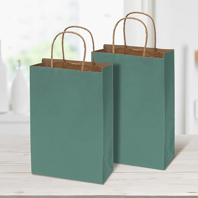 Prime Line Packaging Mini Green Gift Bags with Handles, Kraft Paper Shopping Bags for Treats, Goodies, Party Favors, Christmas, Holidays, Bulk, 6x3x9, 100 Pack