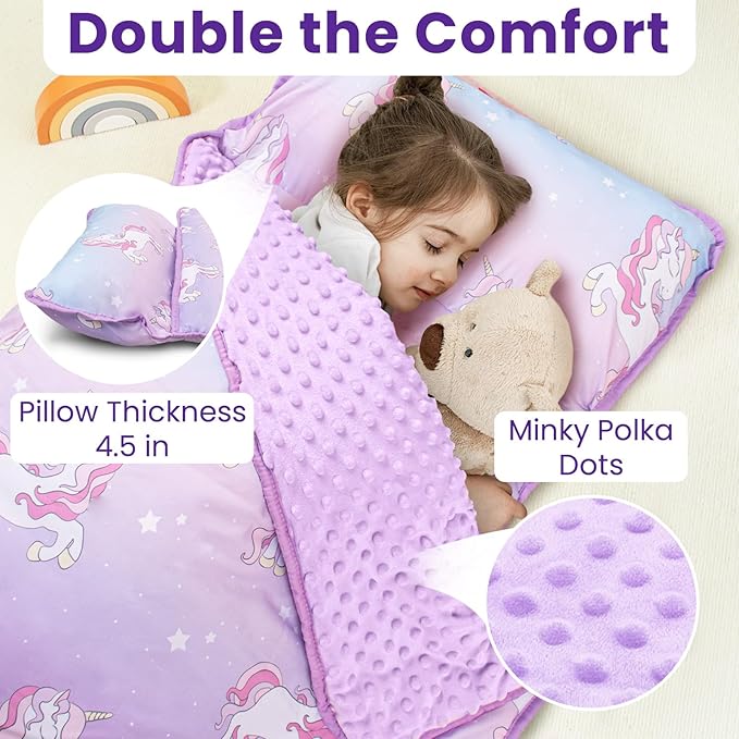 Beavtaens Toddler Nap Mat with Pillow and Minky Blanket, Large 55"x35" Sleeping Bag, Washable, Lightweight, Easy to Roll, Perfect for Preschool, Daycare, Kindergarten, Travel, Boys and Girls