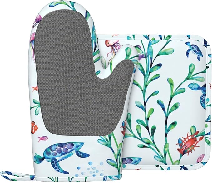 Silicone Oven Mitts and Pot Holders Sets, Home Ocean Turtle Jellyfish Seaweed Heat Resistant BBQ Gloves for Kitchen Baking Cooking Grilling Microwave