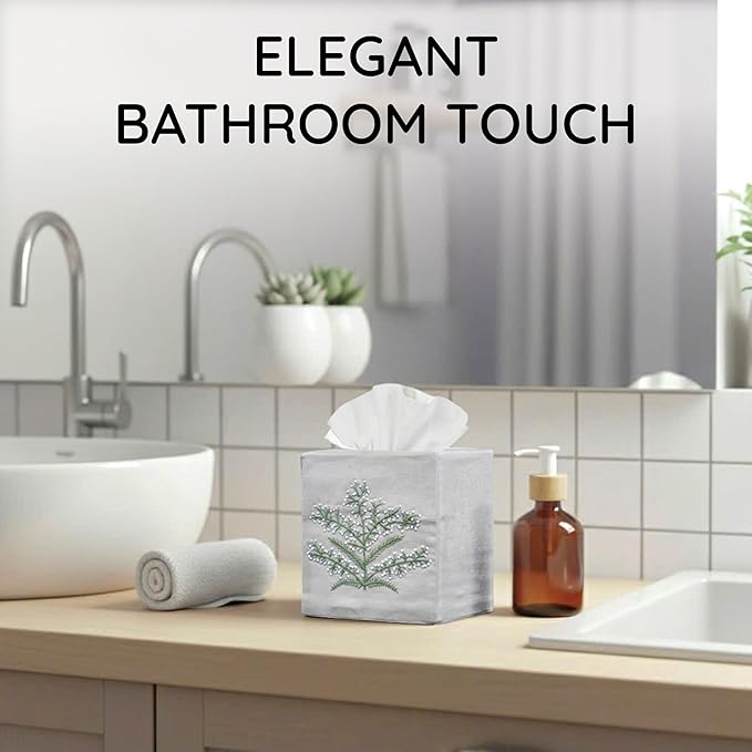 EmbroideryLinen.VN Tissue Box Cover Set of 2, Square Linen Tissue Holder, French Knot Hand Embroidered Floral Design, 4.5x4.5x5.5 Inches, Decorative for Bathroom, Living Room, Office (Grey & Pink)