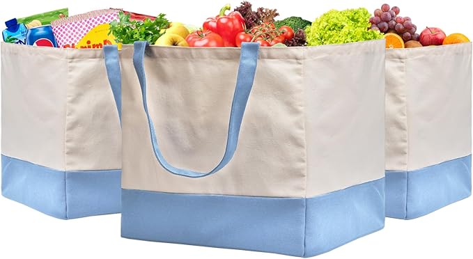 CNaiyunpin Reusable Grocery Bags Heavy Duty, 8.3 gal Foldable Large Canvas Tote Bag with Handles, Holds 60 lbs Canvas Shopping Bags, 3 Pack（Off White+Light Blue）