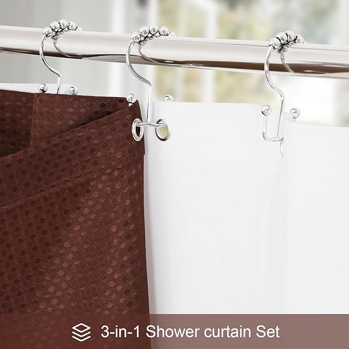 Craidlela 3 in 1 Shower Curtain Set, Brown Waffle Shower Curtain and PEVA Liner Set with 12 Stainless Steel Shower Curtain Hooks, Waterproof Fabric Shower Curtains for Bathroom, 72 W x 72 H