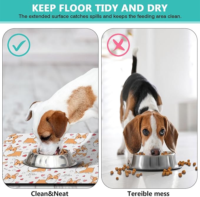 Corgi Dog Food & Water Mat, Pet Feeding Mat for Floor Non-Slip Waterproof, Super Absorbent Cat Bowl Mat, Easy to Clean Eco-Friendly Durable Pet Placemat,12" × 20"