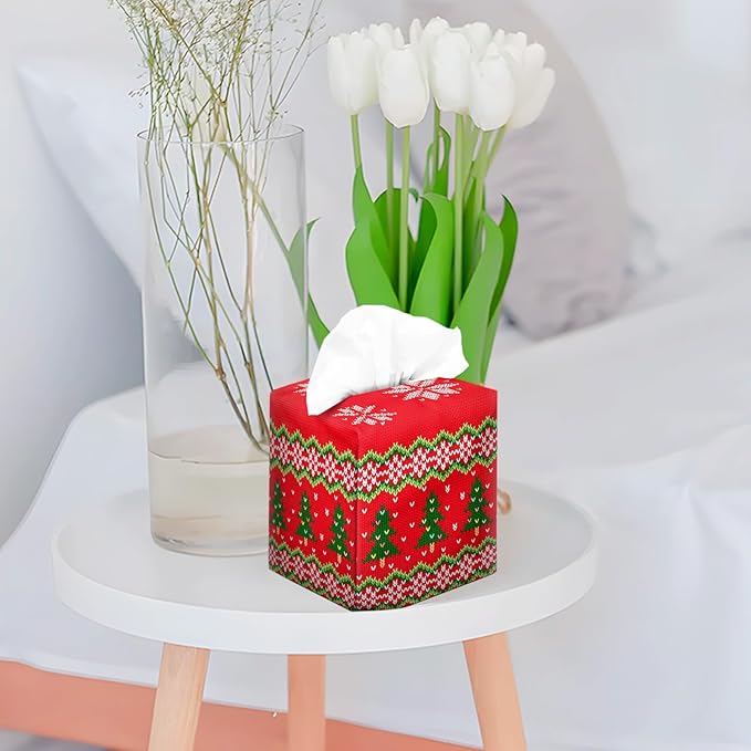 IRADA Tissue Box Cover Square Decorative Tissue Box Holder Cute Funny Cube Tissue Case Cover-Xmas Decor Red Tree Tissue Box Cover