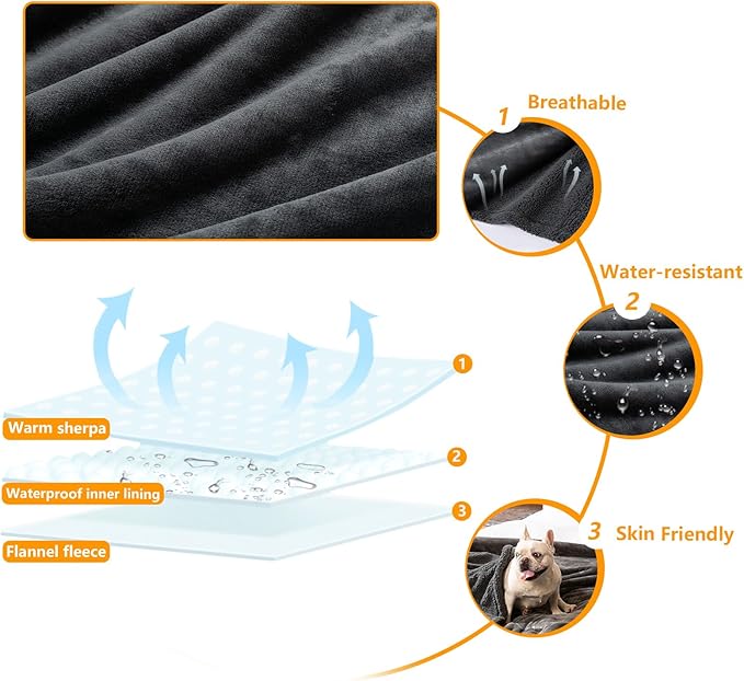 Maidewow Waterproof Dog Blanket Reversible Pet Bed Cover Puppy Blankets Leakproof Sofa Couch Cover Cat Pet Blanket for Warm Fluffy Washable Grey Mat-M