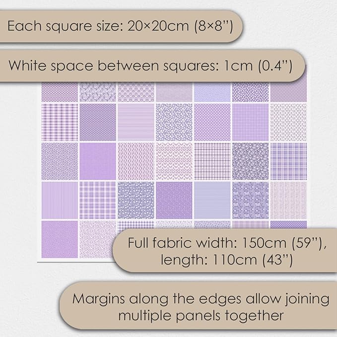 Cotton Satin Patchwork Fabric Panel – 35 Designs, 20×20 cm Squares, Single Piece 150×110 cm, Lavender Floral Quilt Fabric (Lavender Dreams Patchwork Set, 35pcs 8x8 inch)