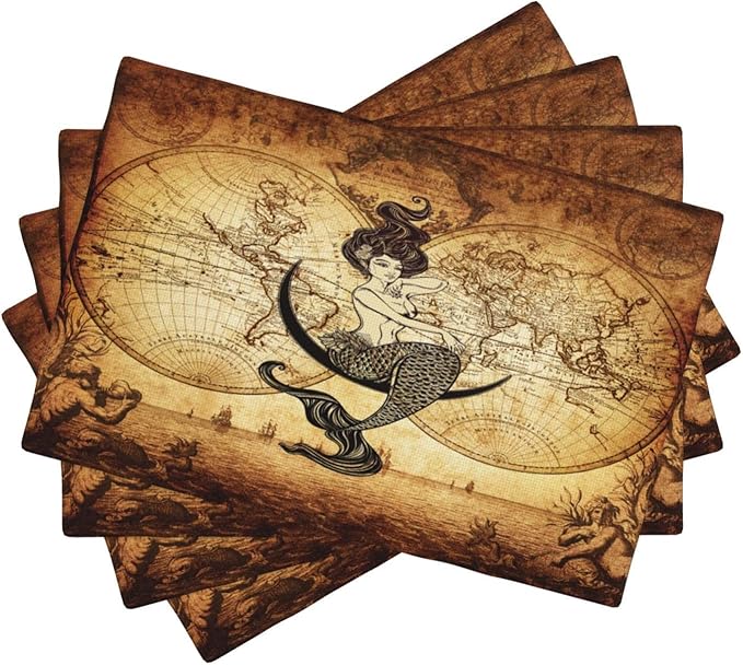 Vintage Mermaid Map Placemats, Old 70s Nautical Pirate World Map Print Washable Fabric Placemats Table Kitchen Dining Party 12x18 Inch Set of 6