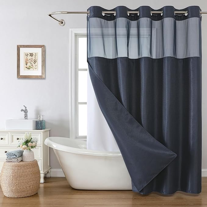 eachope Navy No Hook Shower Curtain with Snap-in Fabric Liner Set,Waffle Weave Shower Curtains for Bathroom,Hotel Luxury Decor Bathroom Curtain Set,Waterproof & Washable,71Wx74H