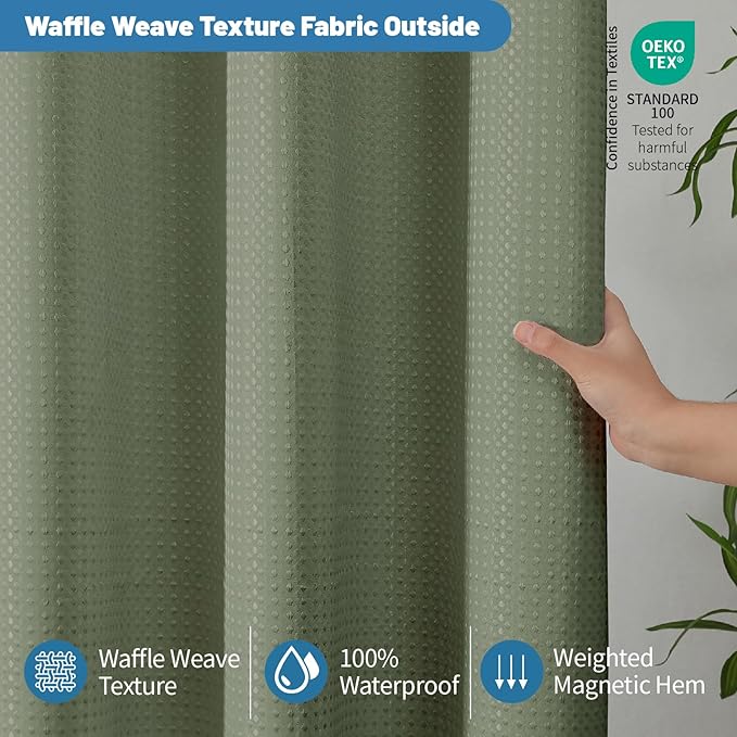 THAIGEE 2-in-1 Waterproof Fabric Shower Curtain - No Separate Liner Needed, Hotel-Style Waffle Weave, Effortless Cleaning & Washable Bathroom Shower Curtain Set,72Wx72H,SageGreen